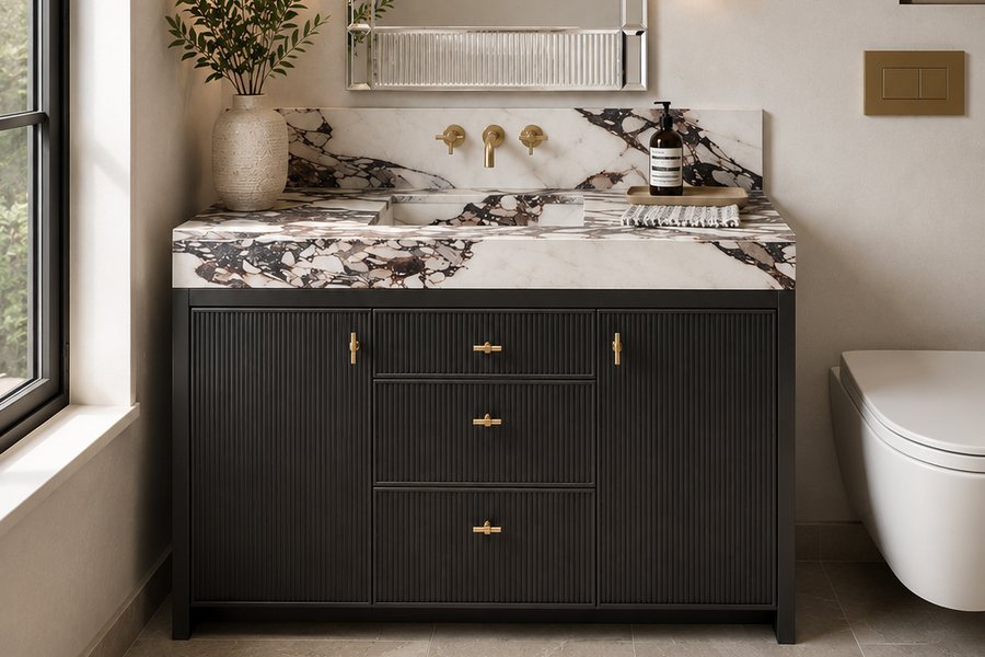 Custom fluted black bathroom vanity with Calacatta Viola marble countertop and brass hardware by Pro-Con Custom Cabinets