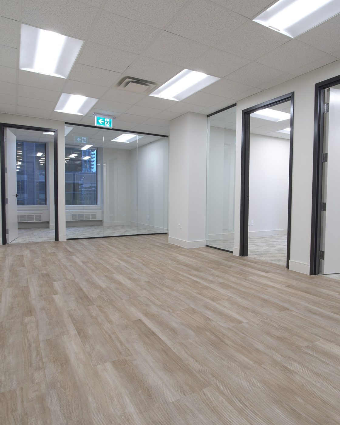 Open-plan office floor with glass-front private offices — commercial office fit-out by Pro-Con Construction, Toronto