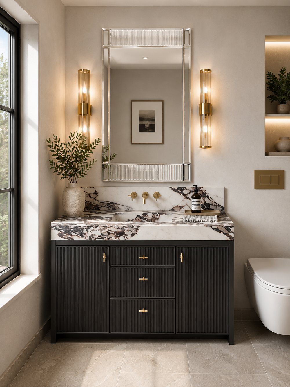 Custom fluted black vanity with Calacatta Viola marble countertop, brass fixtures and ribbed glass sconces — bathroom renovation by Pro-Con Construction, Mississauga
